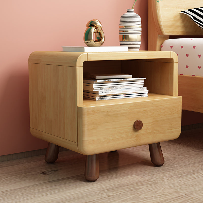 Solid Wood Kids Nightstand Light Wood Modern Youth Nightstand with Drawer