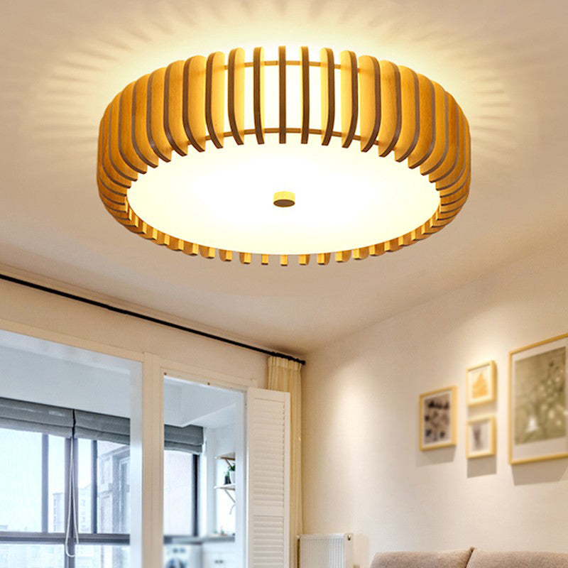 Round Shape Wood Flush Light Modern Style 5 Lights Flush Mount Fixture in Brown