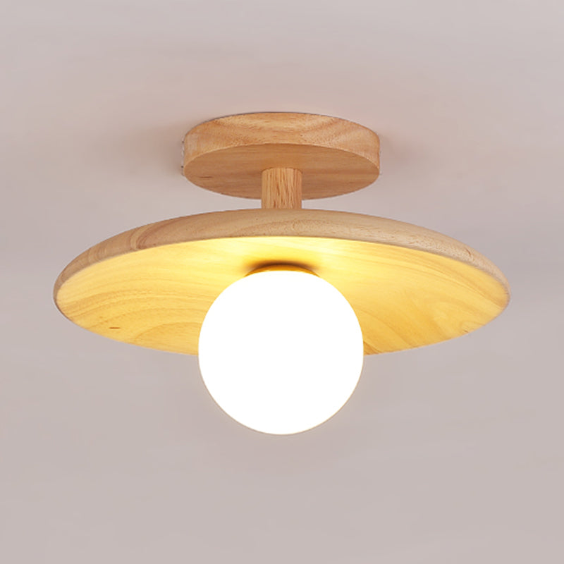 Dome Shape Wood Flush Light Modern Style 1 Light Flush Mount Fixture in Brown