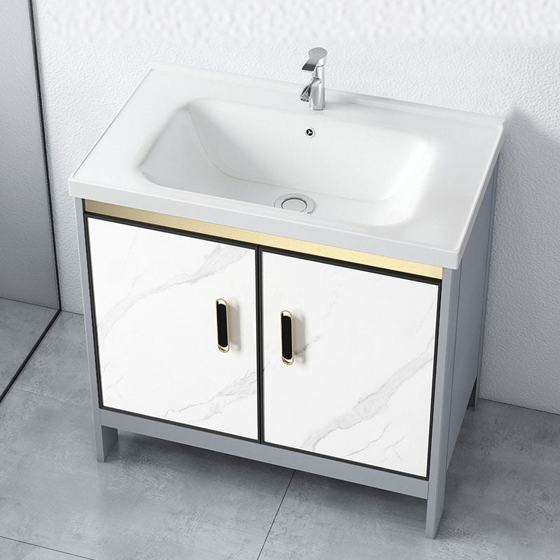 Ceramic Top Bathroom Vanity White Rectangle Single Sink Freestanding Mirror Vanity Set