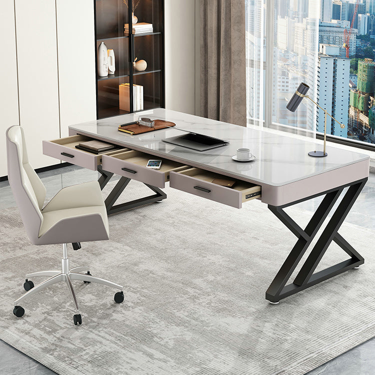 Rectangular Shaped Office Desk 2 Legs Writing Desk in White and Black for Office