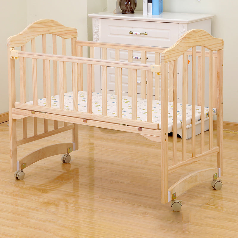 Modern Baby Crib with Mattress Washed Natural Wood with Wheels Nursery Bed