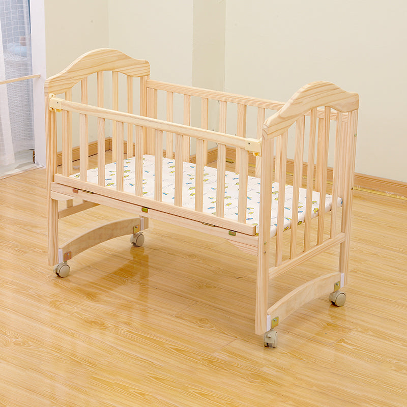 Modern Baby Crib with Mattress Washed Natural Wood with Wheels Nursery Bed