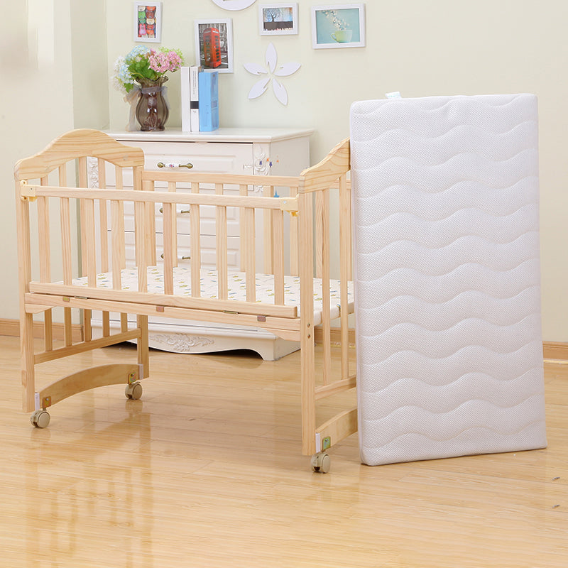 Modern Baby Crib with Mattress Washed Natural Wood with Wheels Nursery Bed