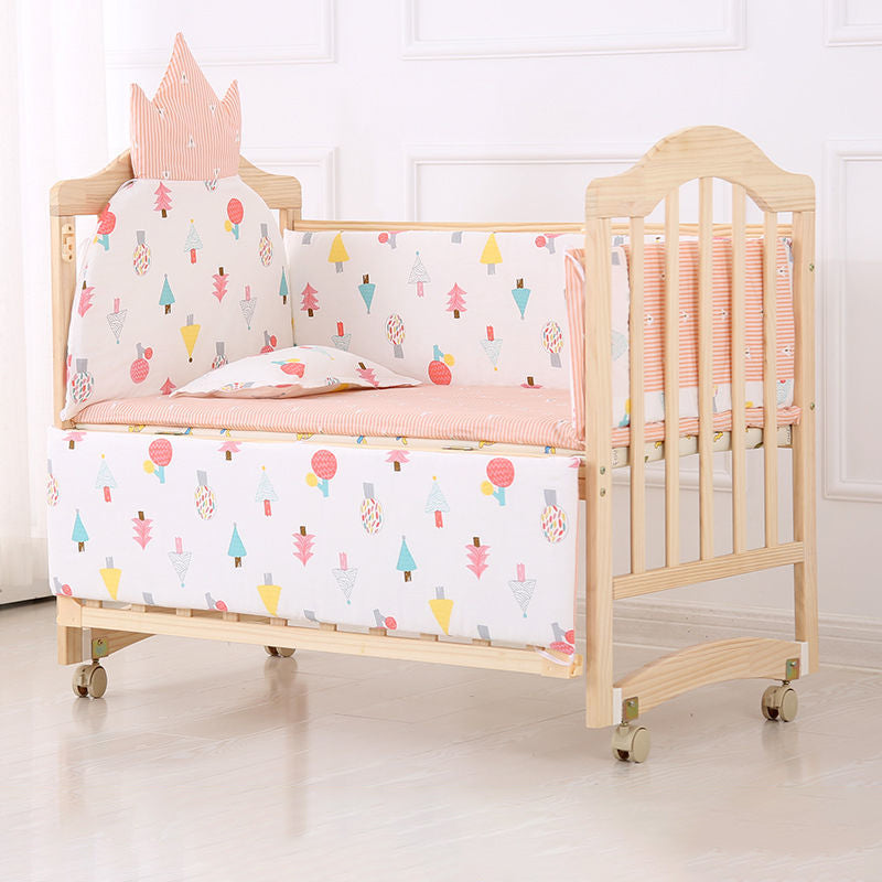 Modern Baby Crib with Mattress Washed Natural Wood with Wheels Nursery Bed