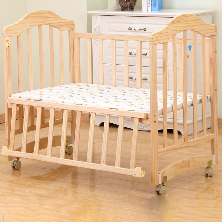 Modern Baby Crib with Mattress Washed Natural Wood with Wheels Nursery Bed