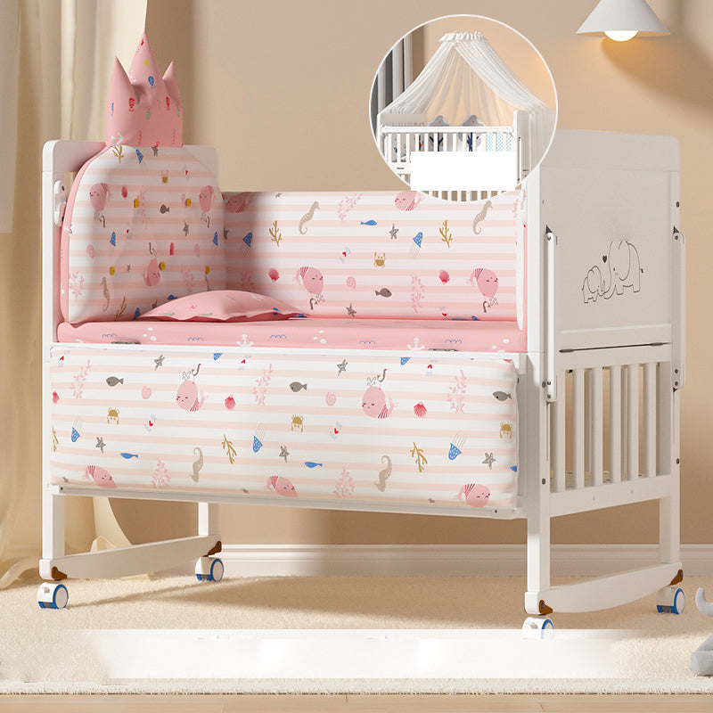 Modern Guardrail Nursery Bed Solid Wood Standard Baby Crib with Casters