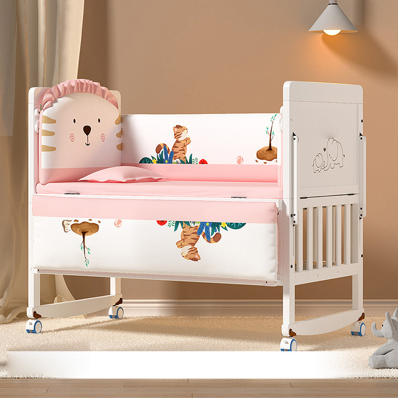 Modern Guardrail Nursery Bed Solid Wood Standard Baby Crib with Casters