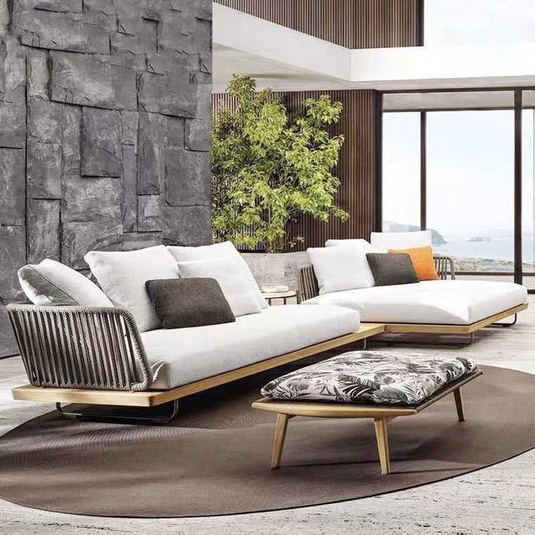 Minimalist Outdoor Patio Sofa Wood & Metal Frame Patio Sofa with Cushion