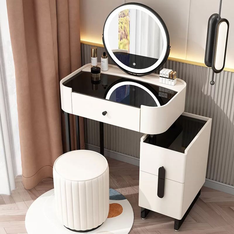 Mid-Century Modern Vanity Faux Leather Makeup Dressing Table with Mirror and Stool Set