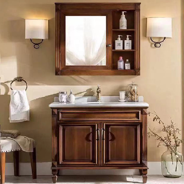 2 Doors Vanity Wood Frame Mirror Freestanding Oval Single Sink Drawers Bath Vanity