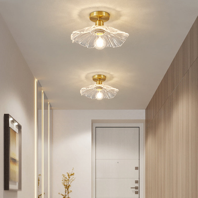 Flower Shape Glass Flush Light Modern Style 1 Light Flush Mount Fixture in Brass