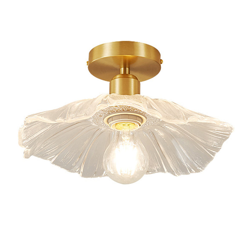 Flower Shape Glass Flush Light Modern Style 1 Light Flush Mount Fixture in Brass