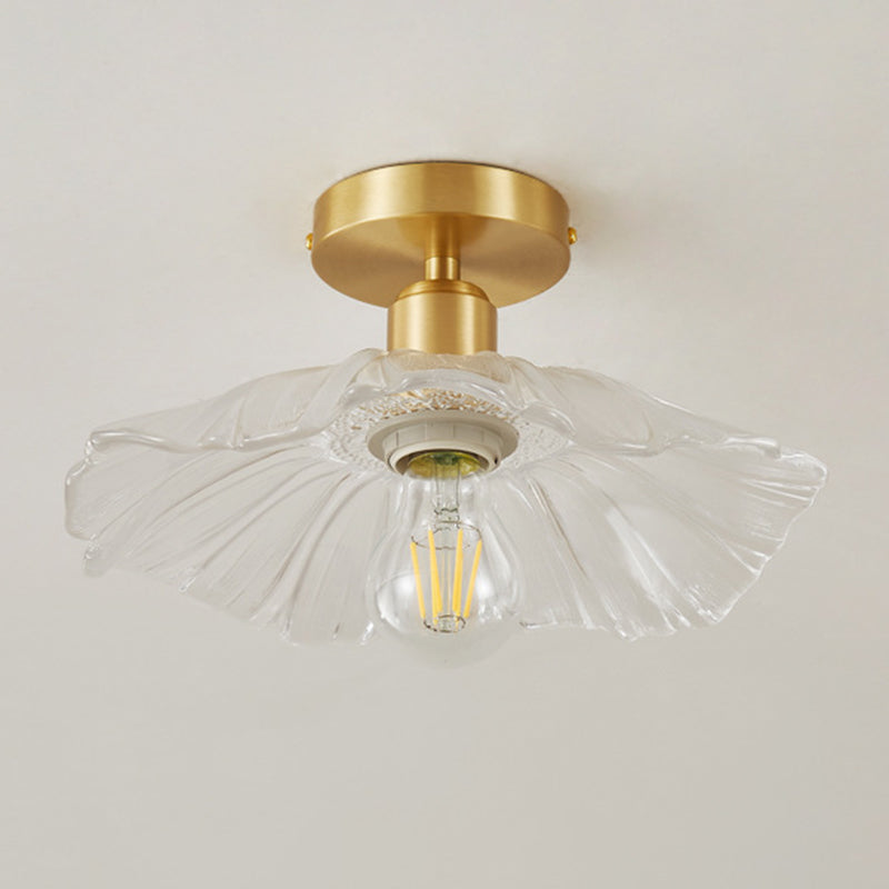 Flower Shape Glass Flush Light Modern Style 1 Light Flush Mount Fixture in Brass