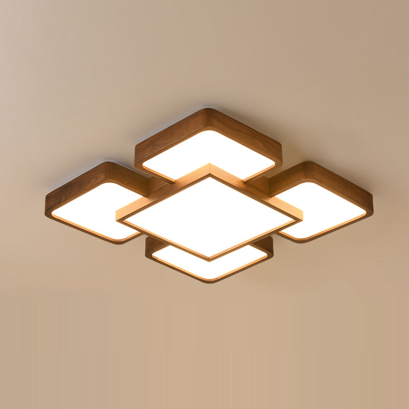 LED Modern Wood Flush Mount Geometric Shape Ceiling Lamp with Acrylic Shade for Bedroom