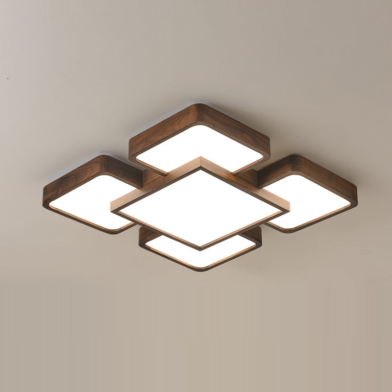 LED Modern Wood Flush Mount Geometric Shape Ceiling Lamp with Acrylic Shade for Bedroom