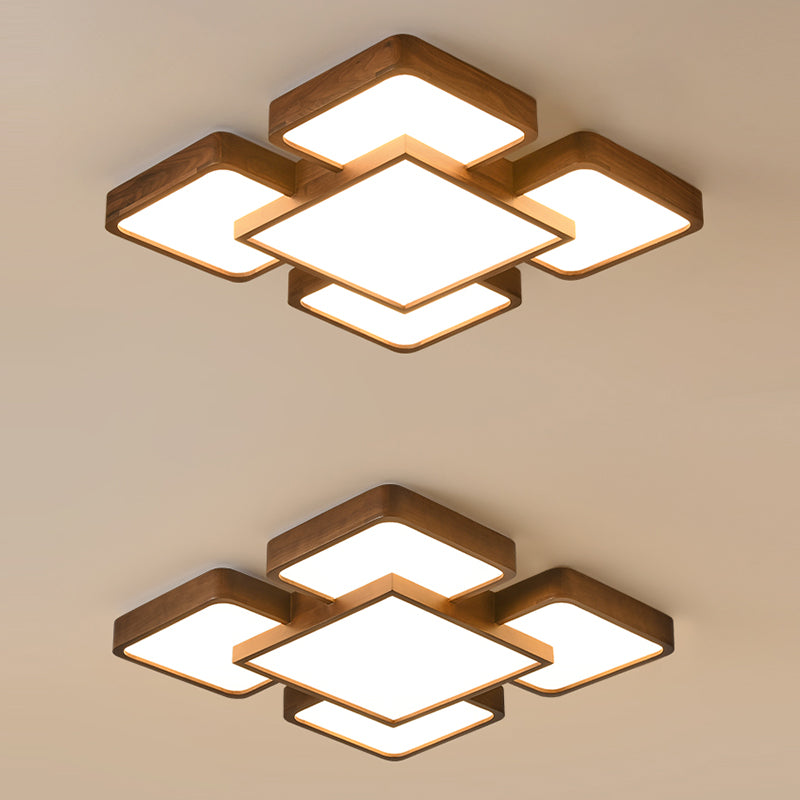 LED Modern Wood Flush Mount Geometric Shape Ceiling Lamp with Acrylic Shade for Bedroom