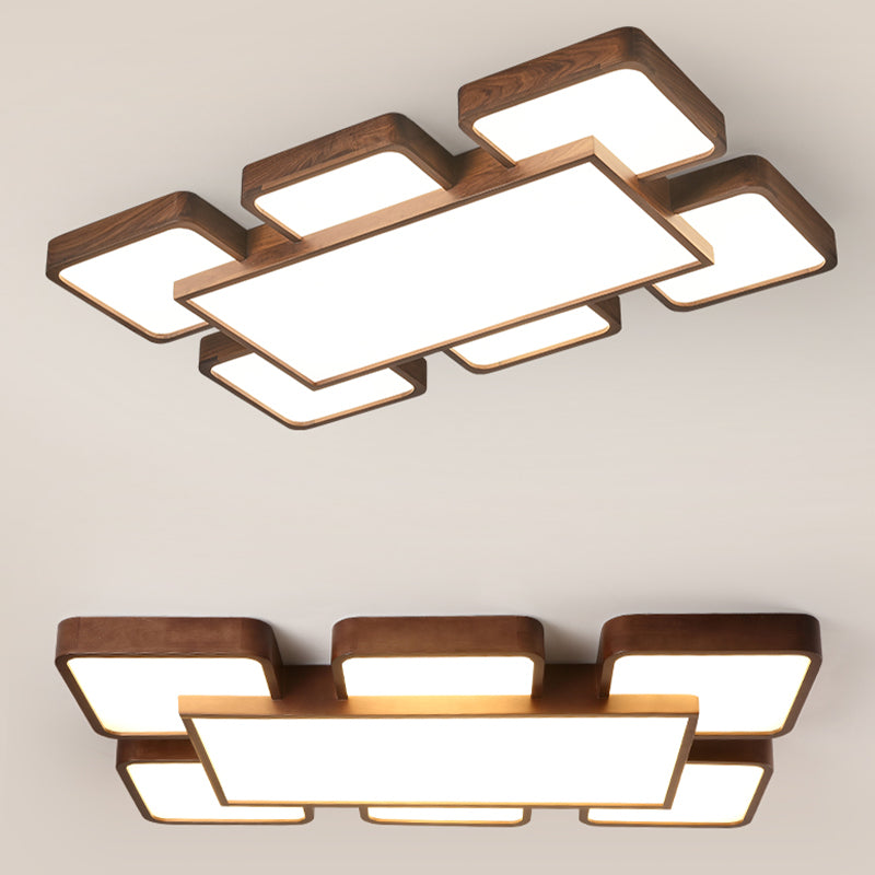 LED Modern Wood Flush Mount Geometric Shape Ceiling Lamp with Acrylic Shade for Bedroom