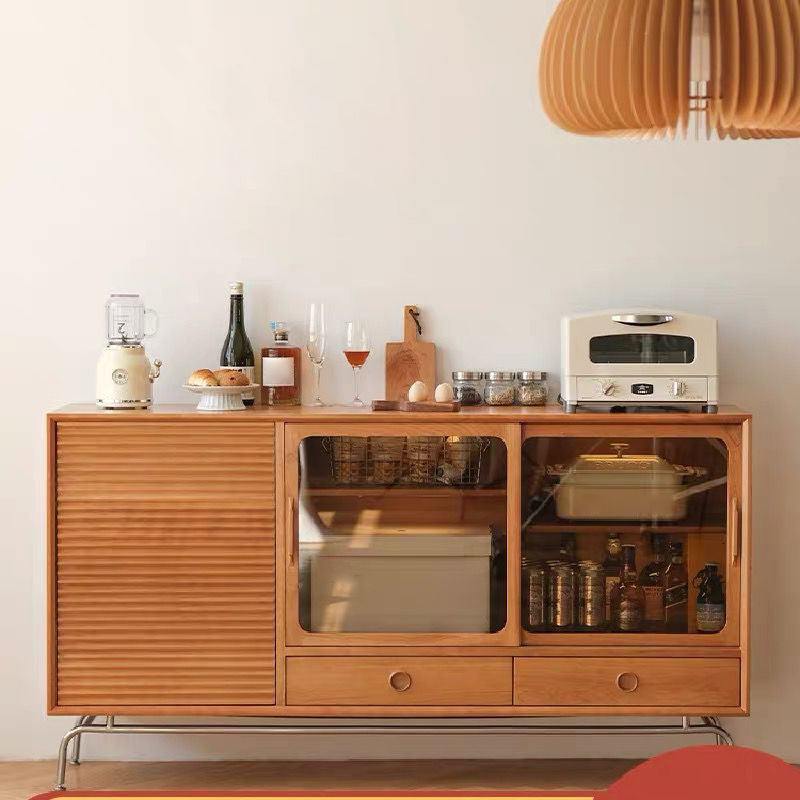 Modern Style Sideboard Cabinet Brown Solid Wood Server with 2-Drawer