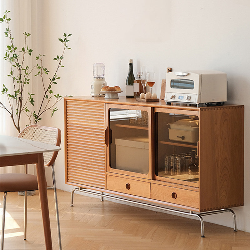 Modern Style Sideboard Cabinet Brown Solid Wood Server with 2-Drawer