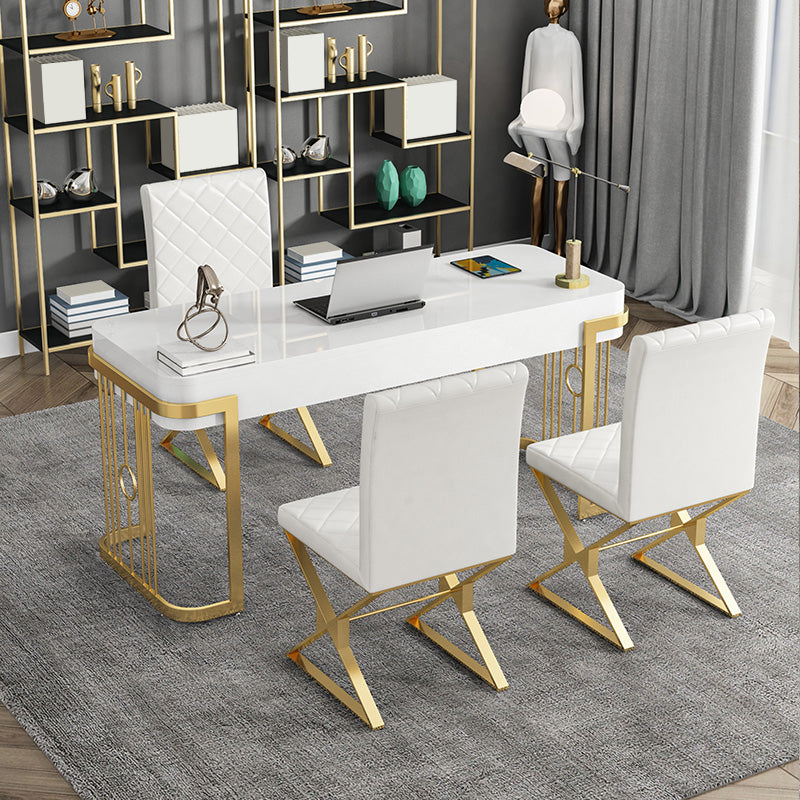 Rectangular Shaped Office Desk 2 Legs Writing Desk in Gold and White for Office