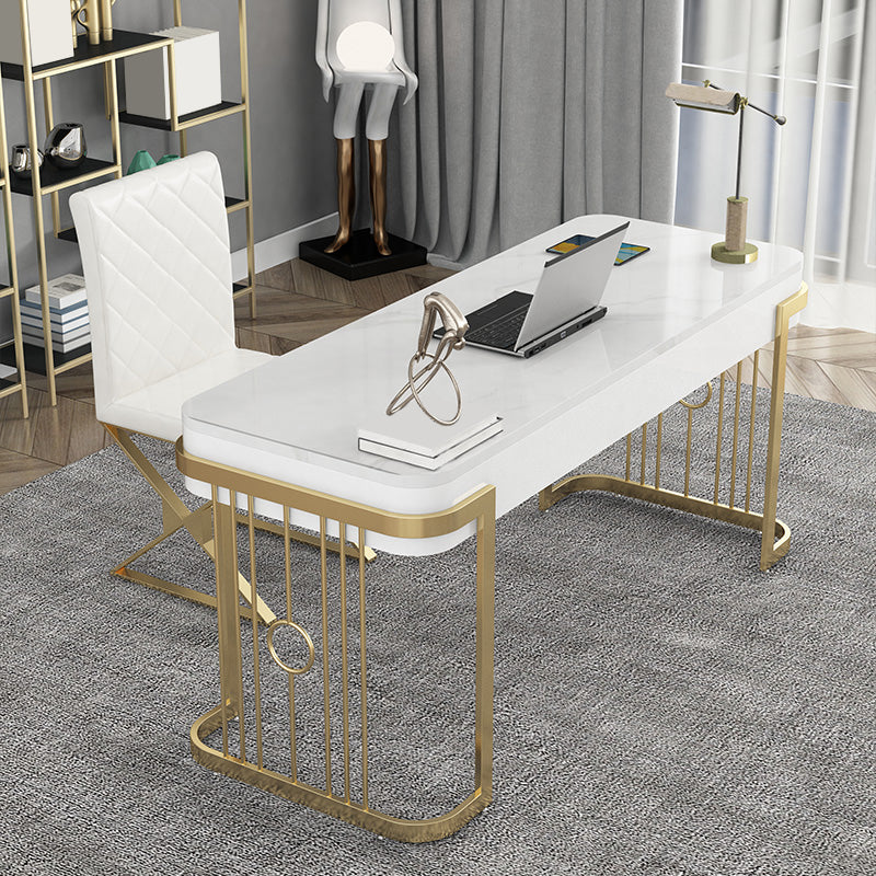 Rectangular Shaped Office Desk 2 Legs Writing Desk in Gold and White for Office