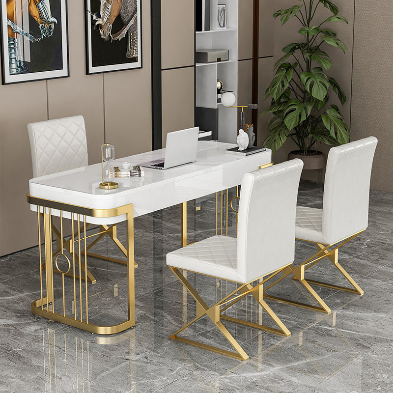 Rectangular Shaped Office Desk 2 Legs Writing Desk in Gold and White for Office