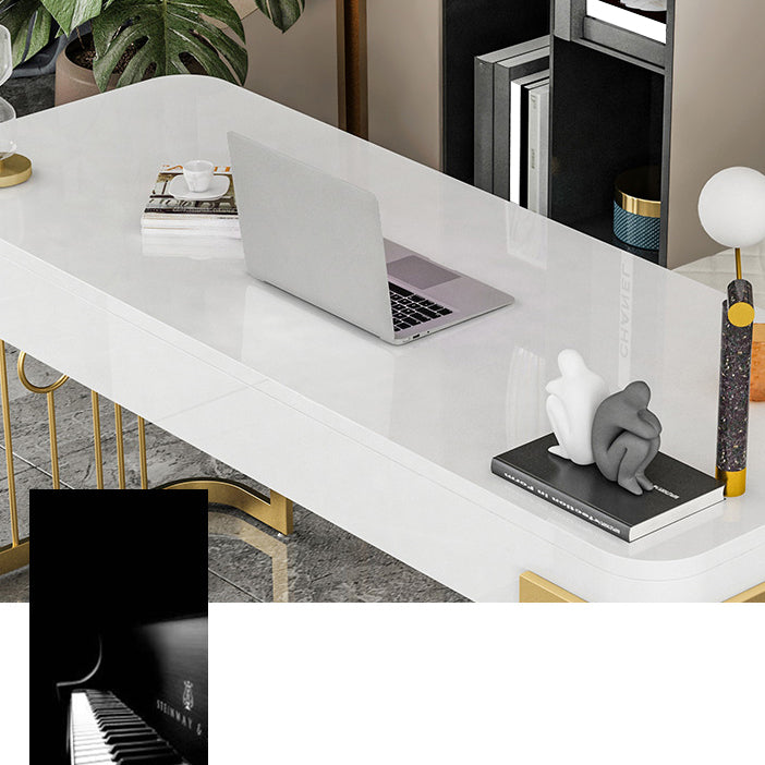 Rectangular Shaped Office Desk 2 Legs Writing Desk in Gold and White for Office