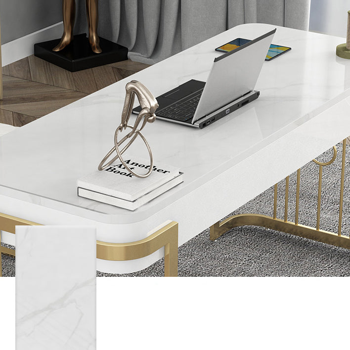 Rectangular Shaped Office Desk 2 Legs Writing Desk in Gold and White for Office