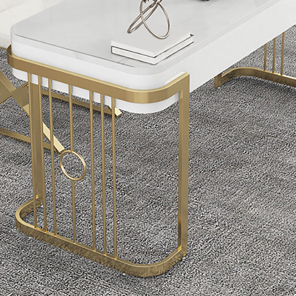 Rectangular Shaped Office Desk 2 Legs Writing Desk in Gold and White for Office