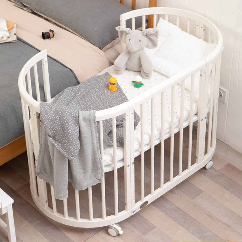 5-in-1 Convertible Crib in White Nordic Baby Crib with Casters & Mattress