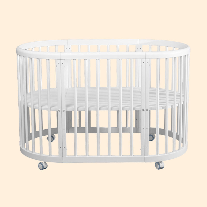 5-in-1 Convertible Crib in White Nordic Baby Crib with Casters & Mattress