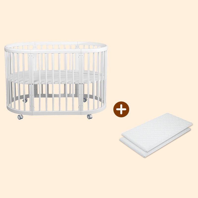 5-in-1 Convertible Crib in White Nordic Baby Crib with Casters & Mattress