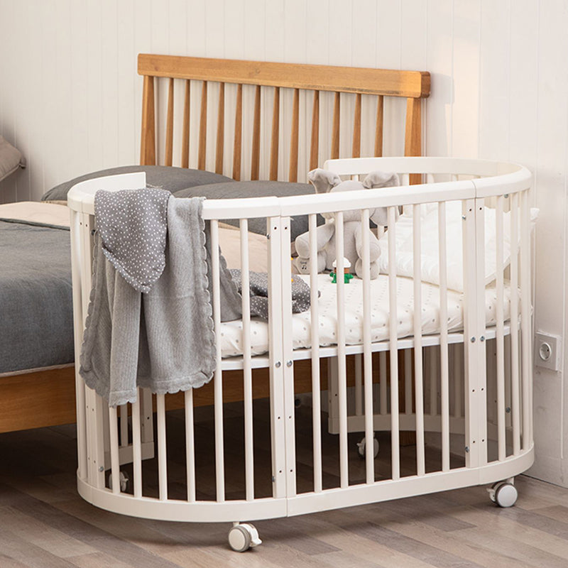 5-in-1 Convertible Crib in White Nordic Baby Crib with Casters & Mattress