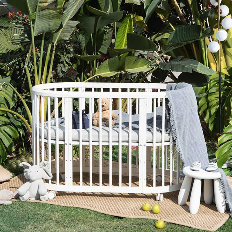 5-in-1 Convertible Crib in White Nordic Baby Crib with Casters & Mattress