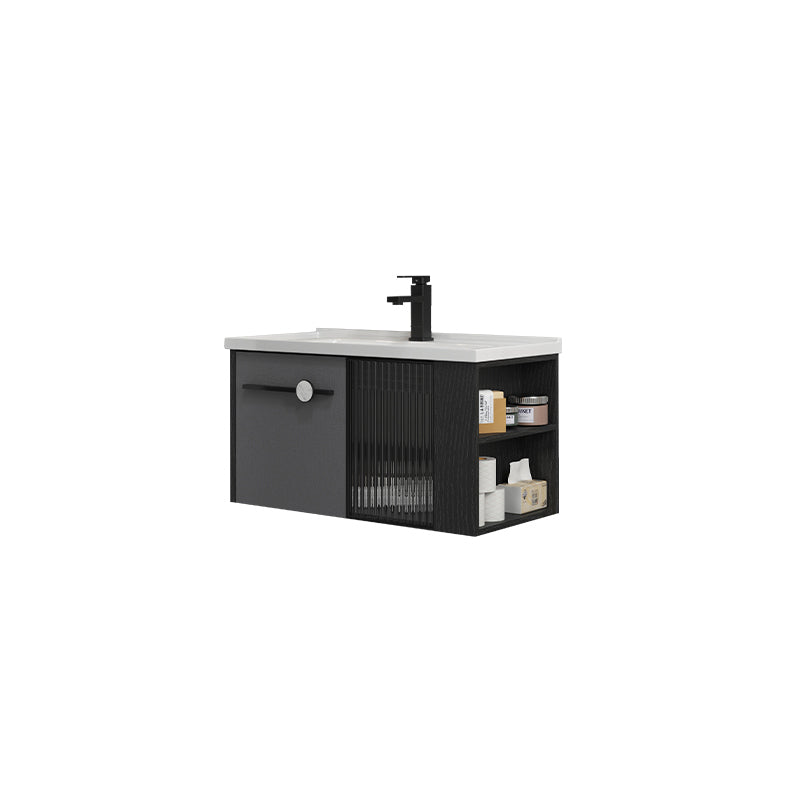 Modern Wall Mount Bathroom Vanity Black Glass Single-Sink Rectangular Vanity Sink