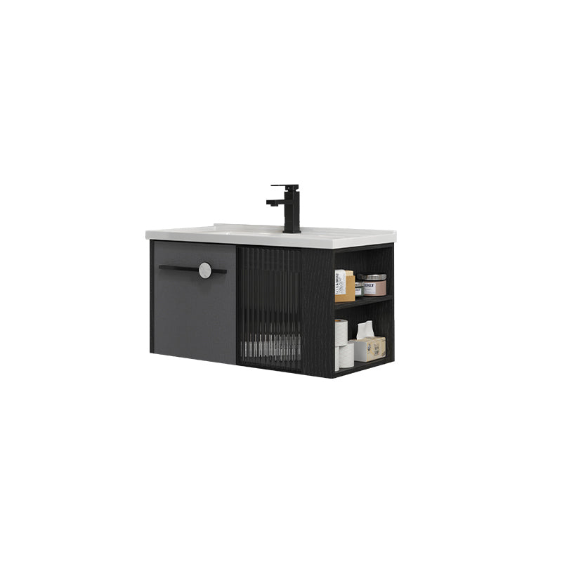 Modern Wall Mount Bathroom Vanity Black Glass Single-Sink Rectangular Vanity Sink