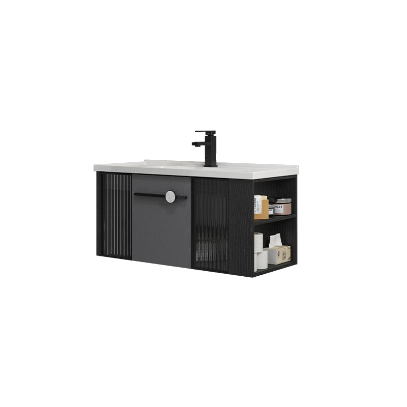 Modern Wall Mount Bathroom Vanity Black Glass Single-Sink Rectangular Vanity Sink