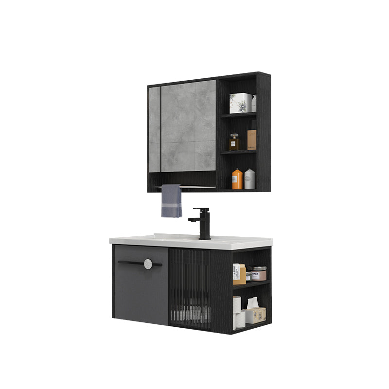 Modern Wall Mount Bathroom Vanity Black Glass Single-Sink Rectangular Vanity Sink