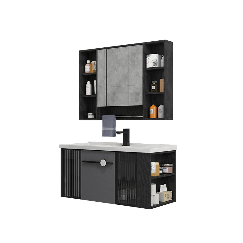 Modern Wall Mount Bathroom Vanity Black Glass Single-Sink Rectangular Vanity Sink