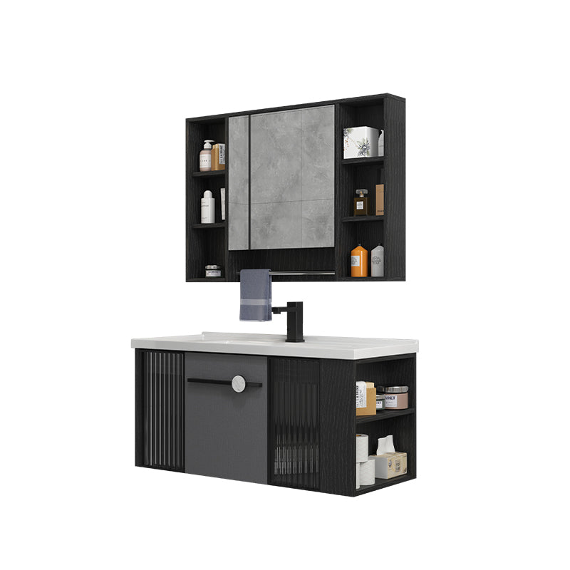 Modern Wall Mount Bathroom Vanity Black Glass Single-Sink Rectangular Vanity Sink