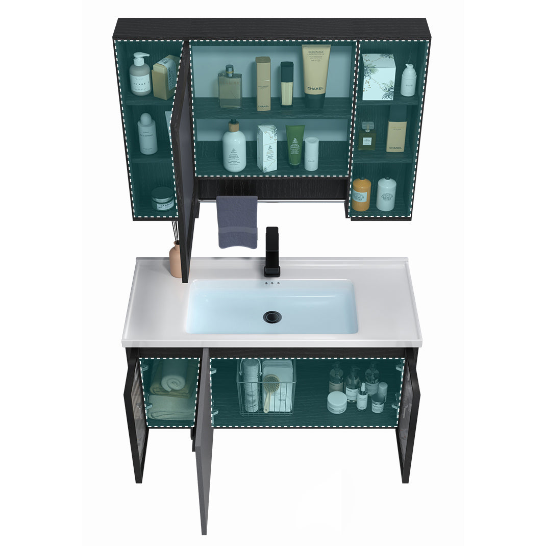 Modern Wall Mount Bathroom Vanity Black Glass Single-Sink Rectangular Vanity Sink