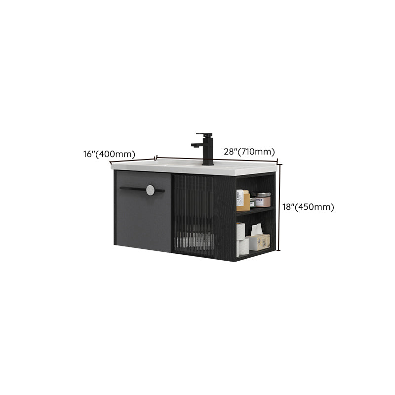 Modern Wall Mount Bathroom Vanity Black Glass Single-Sink Rectangular Vanity Sink