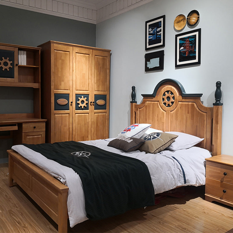 Contemporary Brown Rubber Wood Standard Bed with Panel Headboard