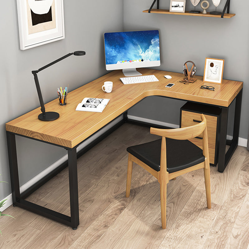 Iron Base Contemporary Natural Office Desk Sled L-Shape Writing Desk