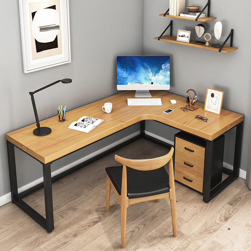 Iron Base Contemporary Natural Office Desk Sled L-Shape Writing Desk