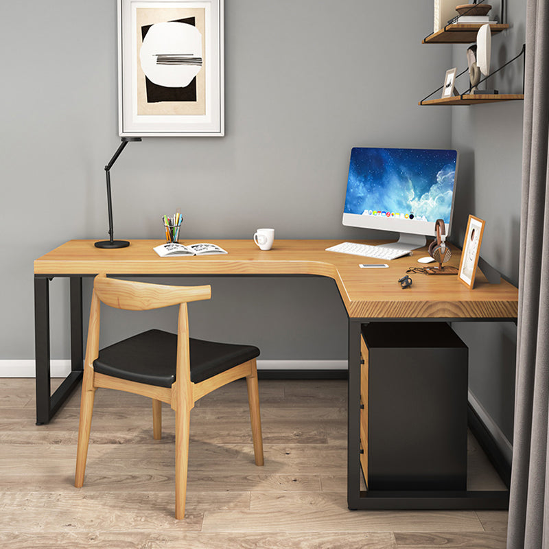 Iron Base Contemporary Natural Office Desk Sled L-Shape Writing Desk