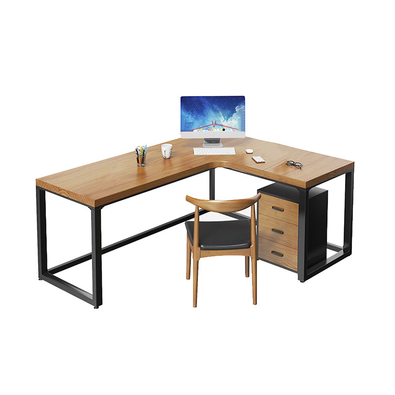 Iron Base Contemporary Natural Office Desk Sled L-Shape Writing Desk