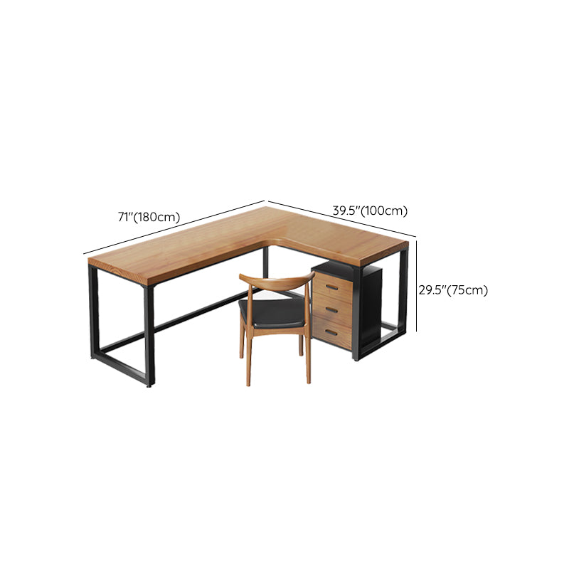 Iron Base Contemporary Natural Office Desk Sled L-Shape Writing Desk