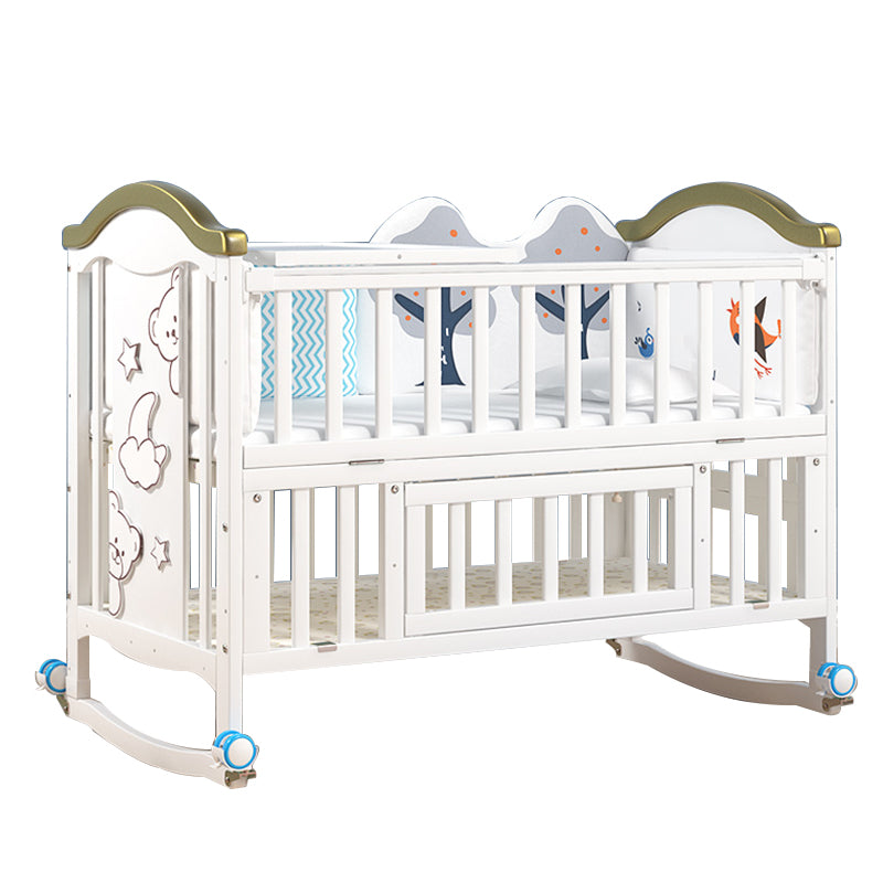 Scandinavian Convertible Crib in White 4-in-1 Nursery Crib with 2 Casters and Storage